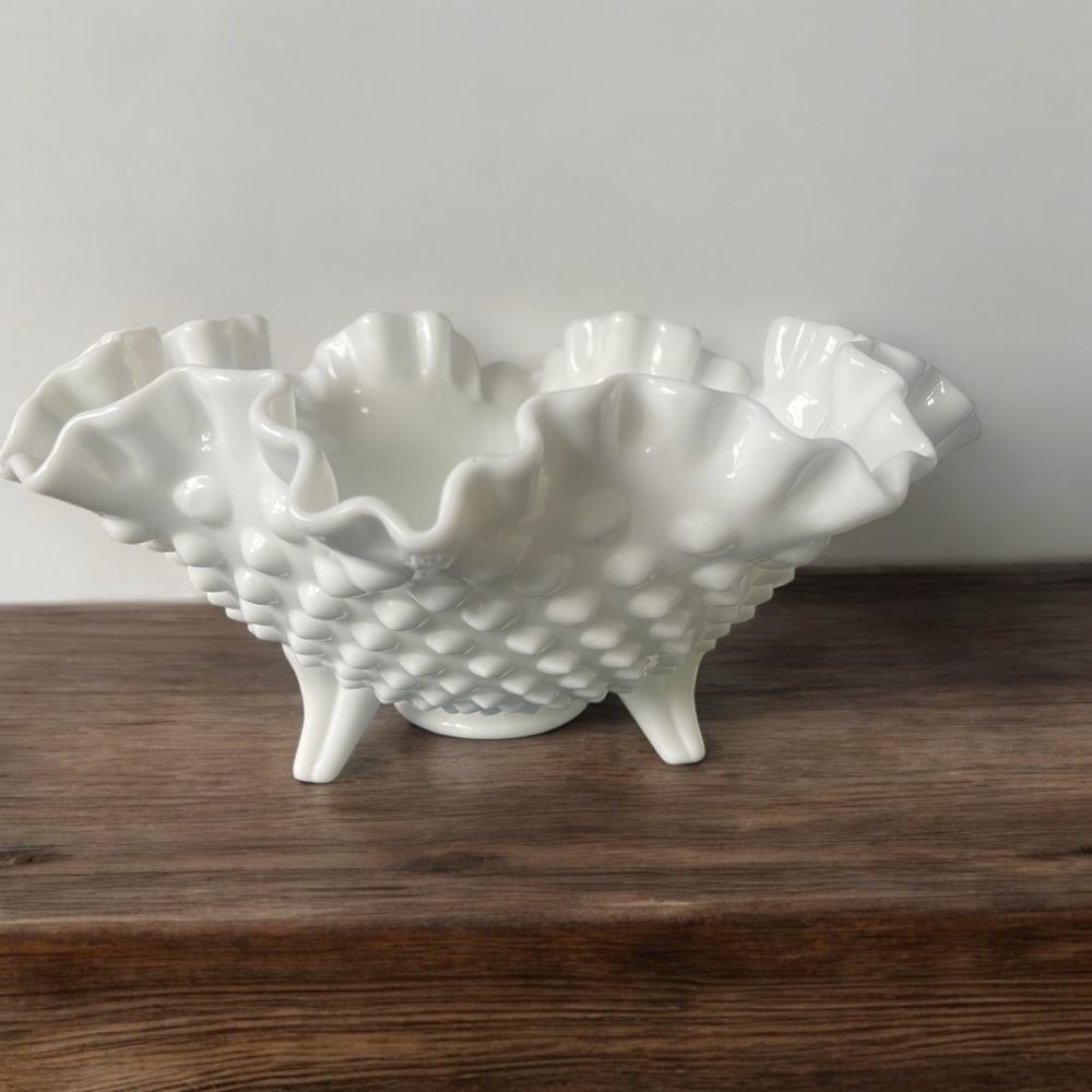 Vintage Fenton Hobnail Milk Glass Footed Bowl with Ruffled Edge